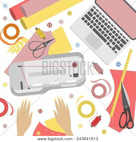 Workplace Of Seamstress, View From Above, Desktop, Textile, Sewing Machine, Scissors And Arms