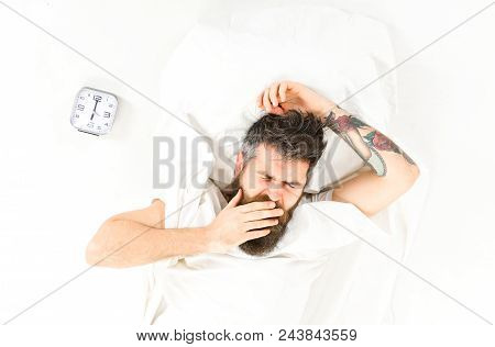 Man With Tattoo Sleep, Morning, Need To Get Up, White Background, Top View. Hipster With Beard And M