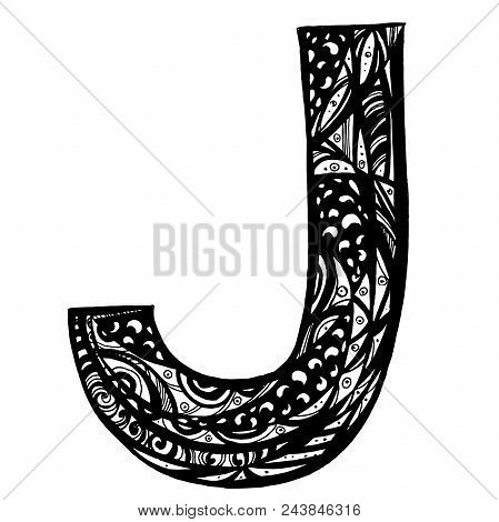 Vintage Logo With The Letter Of J, In Style Zentangl. Hand Drawn Zentangle Style Letters