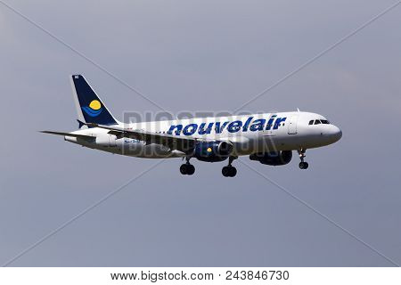 Borispol, Ukraine - May 26, 2018: Ts-inq Nouvelair Tunisie Airbus A320-200 Aircraft On The Cloudy Sk