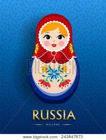 Russian Doll Poster For Russia Tourism. Traditional Matrioska Woman Souvenir With Floral Dress On Bl