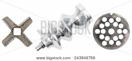 Spare Parts For Meat Grinder: Feed Screw Grinder Knives And Grate For Meat Grinder Isolated On White
