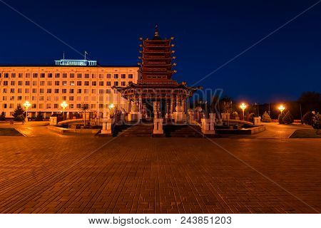 Elista, Russia - May 5, 2018: Night View Of Pagoda Of The Seven Days In The Central Square Of Lenin 