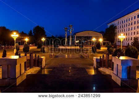 Elista, Russia - May 5, 2018: Night View Of Pagoda Of The Seven Days In The Central Square Of Lenin 