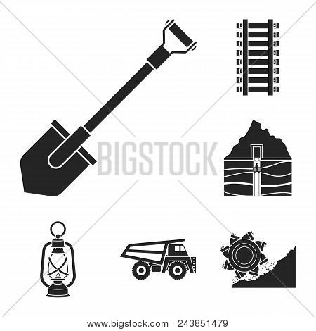 Mining Industry Black Icons In Set Collection For Design. Equipment And Tools Vector Symbol Stock  I