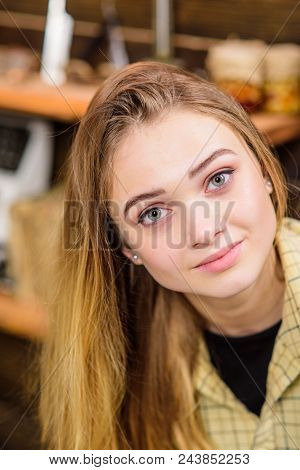 Teenage Girl With Beautiful Green Eyes And Full Lips Posing Indoors. Blond Female With Gorgeous Hair