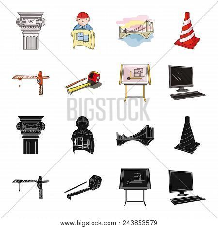 Construction Crane, Measuring Tape Measure, Drawing Board, Computer. Architecture Set Collection Ico