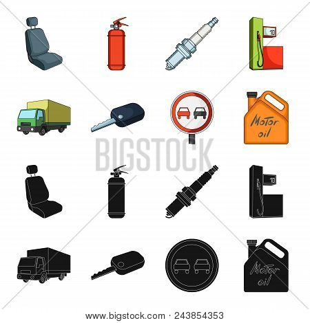 Truck With Awning, Ignition Key, Prohibitory Sign, Engine Oil In Canister, Vehicle Set Collection Ic