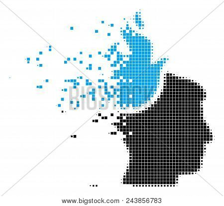 Dissolved Fired Head Dot Vector Icon With Wind Effect. Square Elements Are Grouped Into Dissipated F