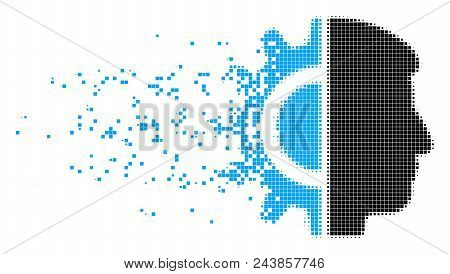 Fractured Android Robotics Dotted Vector Icon With Wind Effect. Rectangle Elements Are Arranged Into