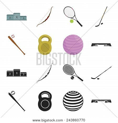 A Bat With A Ball For Baseball, A Weight For Muscles, A Ball For Playing, A Bench For Fitness. Sport