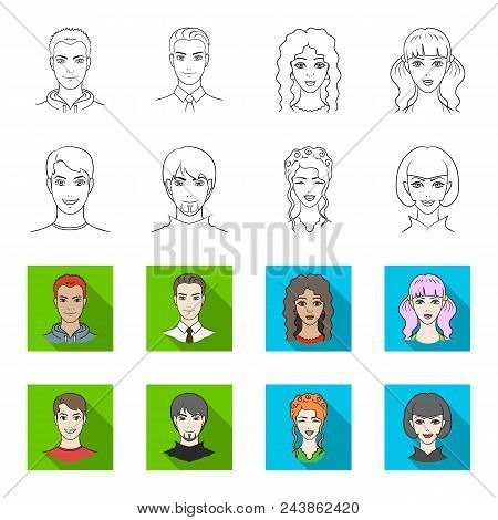 Different Looks Of Young People.avatar And Face Set Collection Icons In Outline, Flat Style Vector S