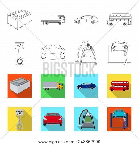 Car On Lift, Piston And Pump Outline, Flat Icons In Set Collection For Design.car Maintenance Statio