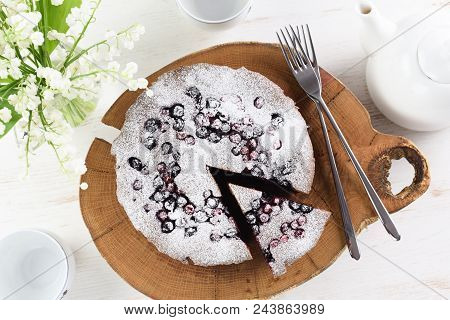 Traditional Siberian Cake With Bird Cherries, Cowberries And Black Currants Served With White Teawar