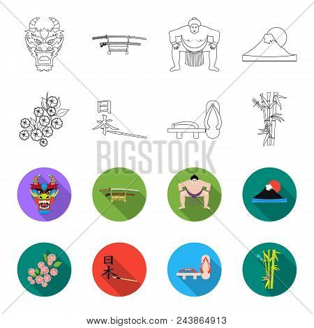 Geta, Sakura Flowers, Bamboo, Hieroglyph.japan Set Collection Icons In Outline, Flat Style Vector Sy