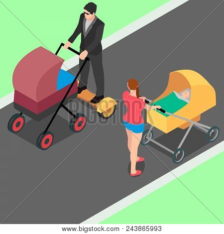 A Man Walks With A Stroller And For Convenience Uses A Hoverboard.