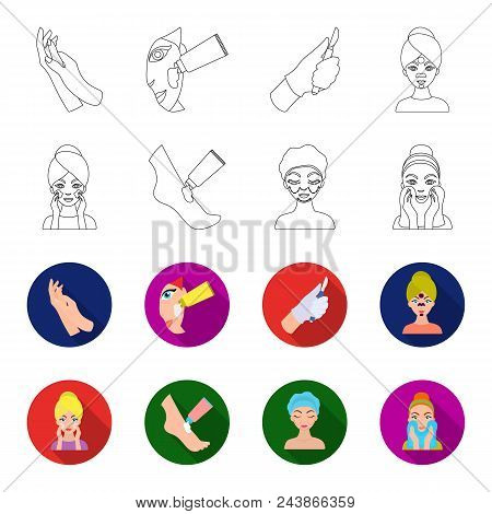 Face Care, Plastic Surgery, Face Wiping, Moisturizing The Feet. Skin Care Set Collection Icons In Ou