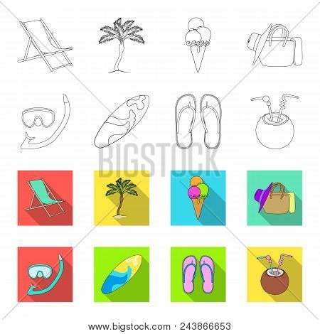 Diving, Surfing, Cocktail.summer Vacation Set Collection Icons In Outline, Flat Style Vector Symbol 