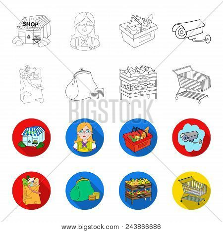 Sausages, Fruit, Cart .supermarket Set Collection Icons In Outline, Flat Style Vector Symbol Stock I