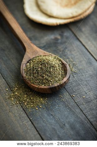 Zaatar powder- an authentic and flavorful Middle Eastern spice powder used as common ingredient in the kitchen or to garnish Arabic pizza and pita bread.