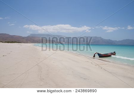 Deserted Beach With Fishing Boat. Socotra Island, Yemen
