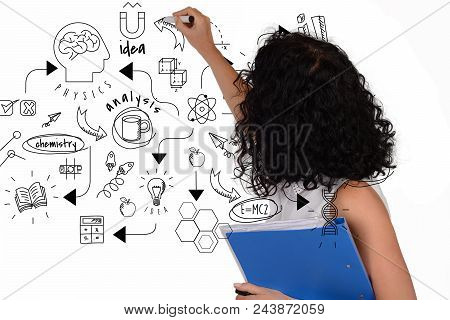 Portrait Of Beautiful School Teacher Holding Books And Pointing Chemestry Sketch. Education Concept.