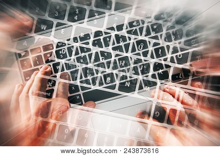 Chaos During Coding And Programming Concept Abstract Photo. Hands On The Computer Keyboard.