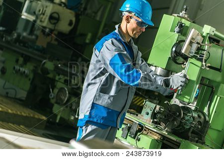 Metalworking Machine Job. Caucasian Lathe Machinery Operator. Metalwork Industry.
