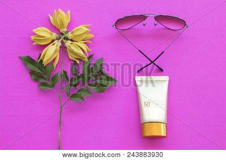 Natural Cosmetics For Skin Face Sunscreen Spf50 Of Lifestyle Woman Relax Summer With Ylang Ylang Flo