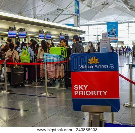 Saigon, Vietnam - Mar 28, 2018. Information Board (priority) Of Vietnam Airlines At Tan Son Nhat Air