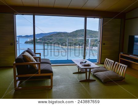 Kumano, Japan - May 4, 2018: Sea View Wooden Bedroom Of Traditional Japanese Hotel.