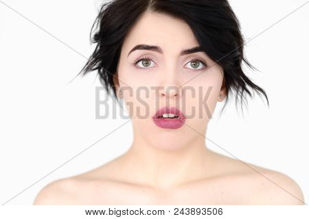 Emotion Face. Speechless Dumbstruck Taken Aback Dazed Woman Young Beautiful Brunette Girl Portrait O