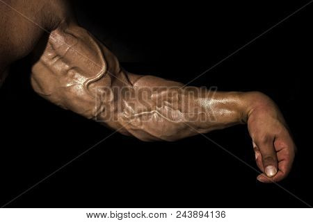 Arm Wrestler. Arm With Muscles, Biceps, Triceps And Veins On Black Background. Power, Strength Conce
