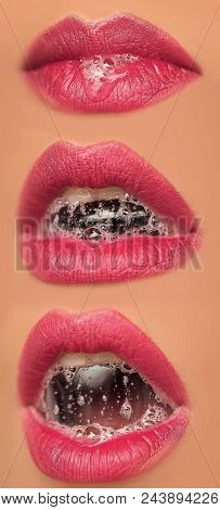 Lips. Red Lips. Closeup Collage Of Three Sexual Open Female Mouth Of Beautiful Young Woman With Foam