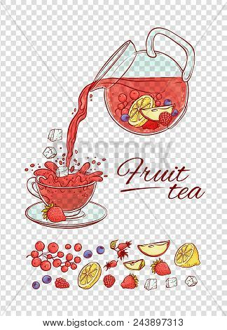 Vector Ice Tea Drink Constructor Fruits And Berries Brew Process. Make And Pour In Transparent Cup C