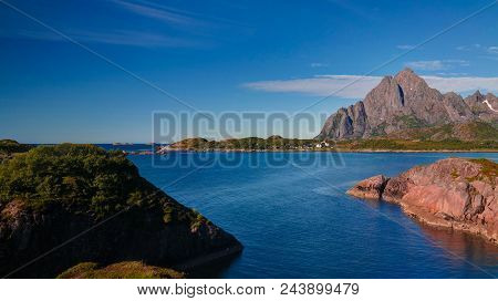 Panoramic View To Orsvagvaer Village And Sandvika Fjord , Austvagoy Island, Lofoten, Norway