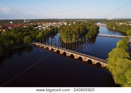 Aerial View Of The 168 M Long East Arched Stone Bridge With12 Arches Crossing Tje River Klaralven.