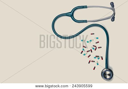 Green Stethoscope With Pile Of Capsule Pills Isolated On White Background With Copy Space. Medical T