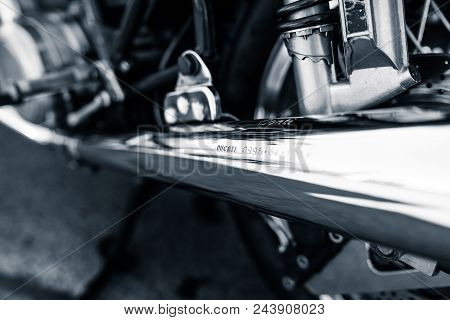 Berlin - May 06, 2018: Fragment Of The Exhaust Pipe Of The Motorcycle Ducati 860 Gt. Black And White