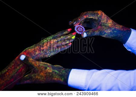 Concept Of Connecting Hands Creative Wedding Photography In Neon Light Male And Female Palms Togethe