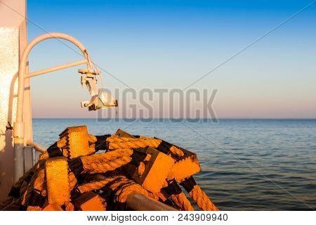 Piombino Channel Crossing With Ferry Boat In Summer