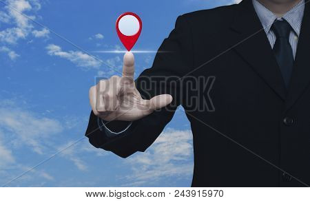 Businessman Pressing Map Pin Location Button Over Blue Sky With White Clouds, Map Pointer Navigation