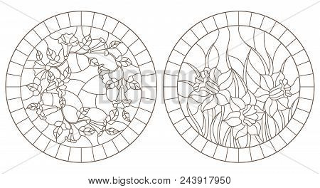 Set Of Contour Illustrations With Colors, Loam And Daffodils In Frames, Round Images, Dark Contours 