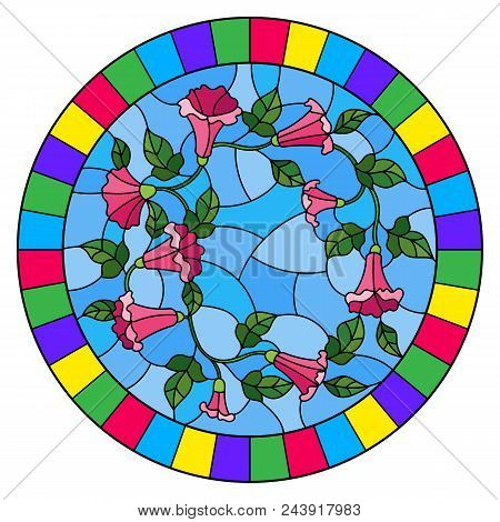 Illustration In Stained Glass Style Flowers Loach, Pink Flowers And Leaves On Blue Background,round 