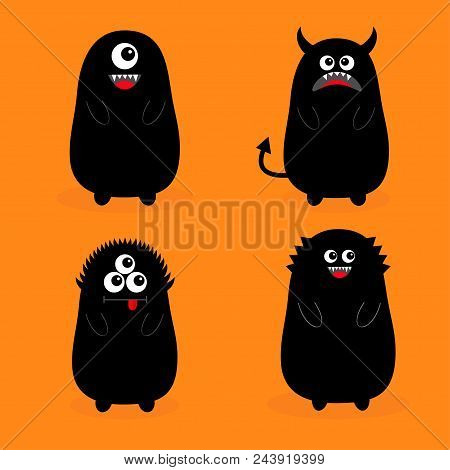 Monster Black Silhouette Set. Fang Tooth. Open Mouth. One Eye, Teeth, Tongue, Hands, Tail, Horns. Fu