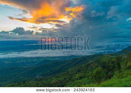 Mountains Under Mist In The Morning With Sunrise At Phu Tub Berk, Petchabun Thailand