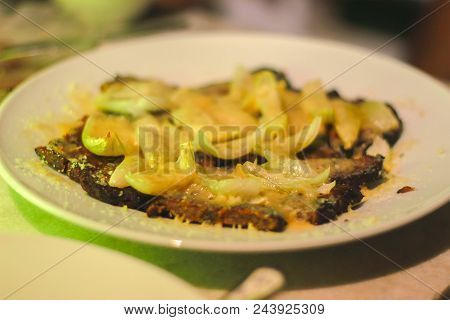 Dumplings, Filled With Beef Meat And Served With Fried Onion. Varenyky, Vareniki, Pierogi, Pyrohy. D