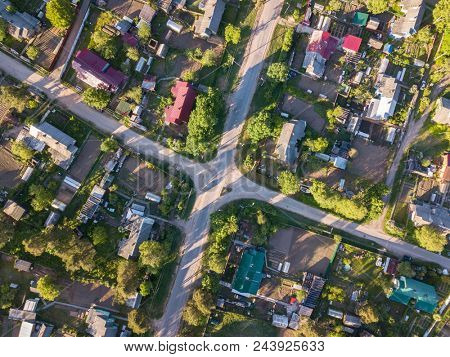 Bird's eye view of houses in urban-type settlement Nikolskiy, Leningrad region, Russia.