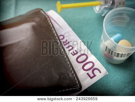Wallet With Dollar Next To Medicines, Concept Of Copayment Health