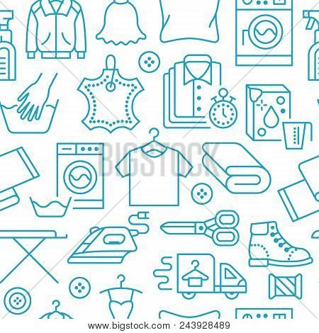 Dry Cleaning, Laundry Blue Seamless Pattern With Line Icons. Laundromat Service Equipment, Washing M